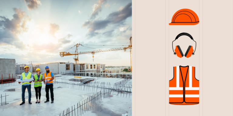 Photo of a construction safety team at a snowy worksite with an illustration of PPE