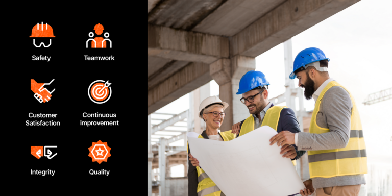 Examples of construction company values — safety, teamwork, customer satisfaction, continuous improvement, integrity and quality — listed with icons next to a photo of a construction team