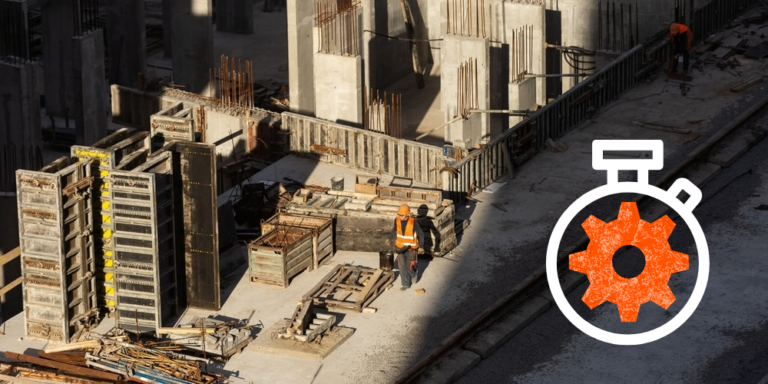 Photo of a jobsite with the sun passing between columns and a stop watch with a gear