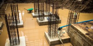 Construction jobsite flooded with muddy water