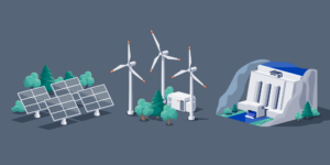 Illustration of solar panels and windmills next to a data center.