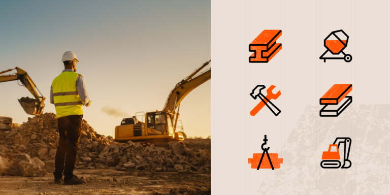 A resource breakdown structure illustrated by 6 resource icons (steel beam, concrete mixer, tools, wood boards, a crane lifting materials and an excavator) juxtaposed with a photo of a jobsite