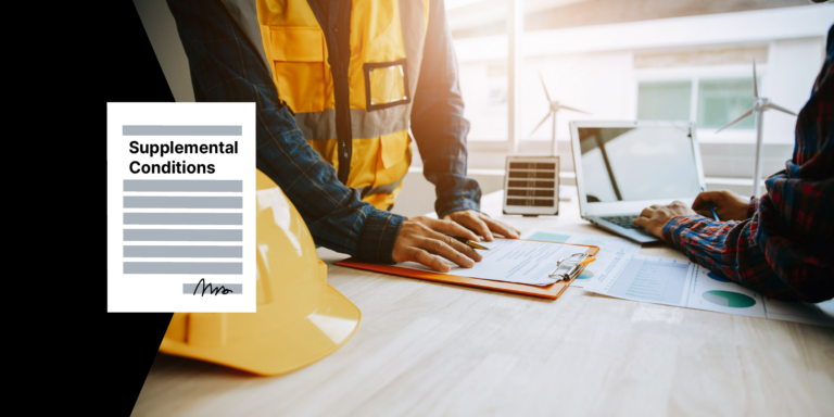 Photo of 3 people reviewing a construction contract with supplemental conditions illustration