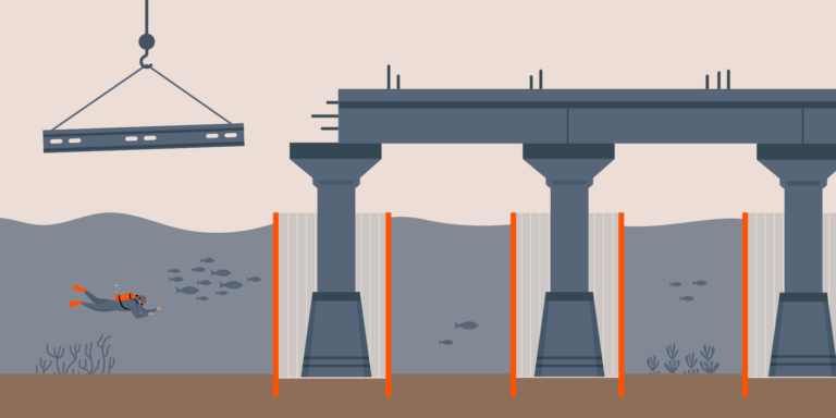 Illustration of underwater construction of bridge pillars