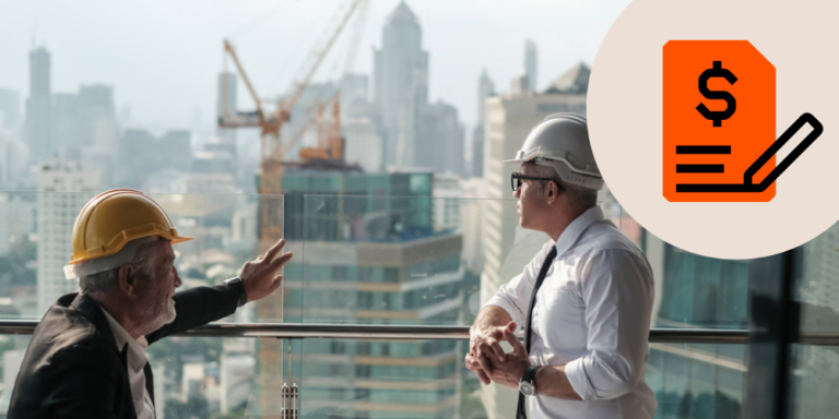 Two construction professionals talking in an office with a bidding icon in the upper right corner