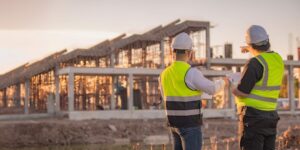 Two engineers looking at material resources on a jobsite