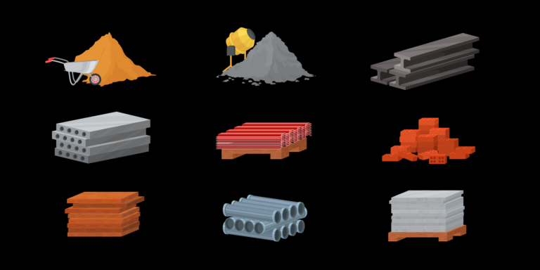 Illustrations of 9 different materials involved in material management in construction