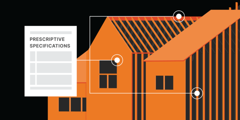 An illustration of a prescriptive specifications document next to a structure being built