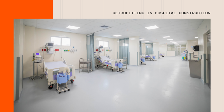 Photo of the inside of a hospital with the label "Retrofitting in Hospital Construction" in the upper right corner.