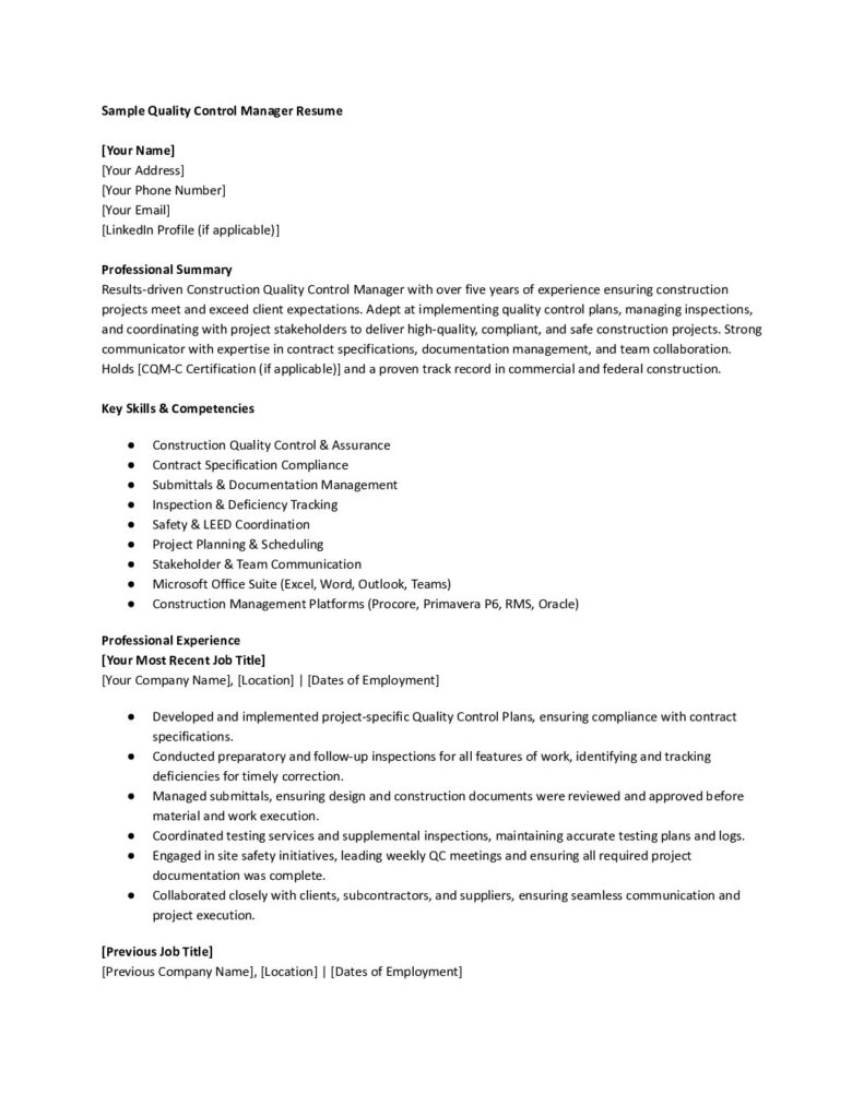 Preview of construction quality control manager sample resume