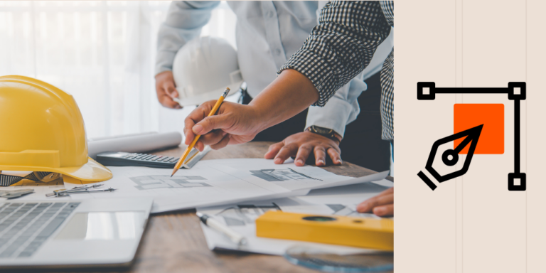 Target value design icon with photo of 2 construction professionals reviewing a design document